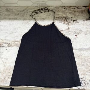 American Eagle Black Halter Top with Leopard Trim